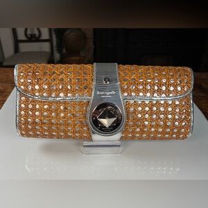 Kate Spade Ava Silver Metallic & Raffia Woven Wristlet Clutch. NWOT. Turn Lock
